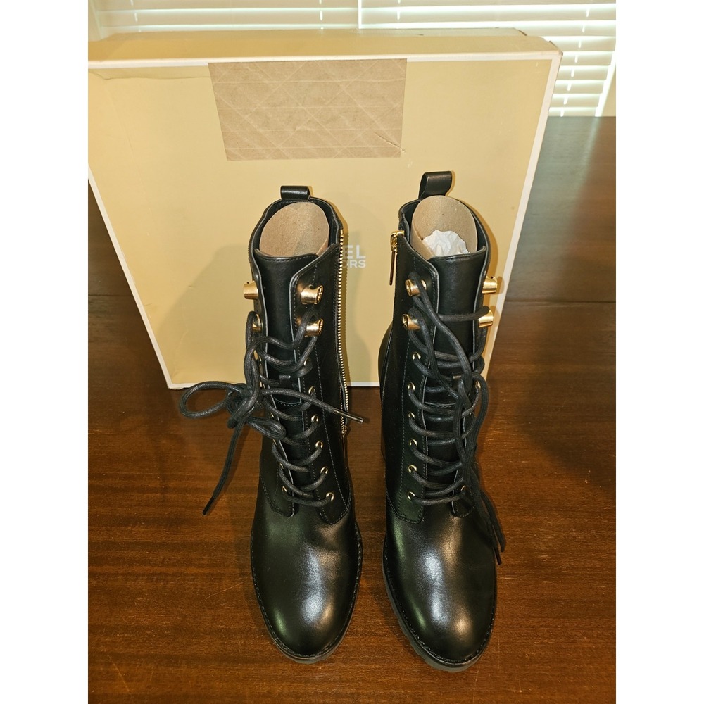 NEW MICHAEL KORS BLACK PORTER LEATHER LACE UP ZIP GOLD HEEL BOOTS SZ 8.5 - Picture 1 of 10